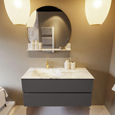 Mondiaz VICA-DLUX Ensemble de meuble de salle de bain - 110cm - meuble sous-vasque gris foncé - 2 tiroirs - lavabo encastré cloud gauche - 1 trou de robinet - version haute de 60cm - glace