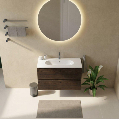 Saniclass Holz Pure Ensemble de meubles de salle de bains - 100x45x73.9cm - Chaci lavabo en céramique blanc - 1 vasque - 1 trou de robinetterie - 2 tiroirs - chêne charcoal mat (bois)