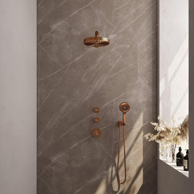 BRAUER Stripe Thermostatische Inbouw Regendouche - SET 04 - 25cm douchekop - rechte muurarm - 3-standen handdouche - doucheslang - wandaansluitbocht - koper geborsteld PVD