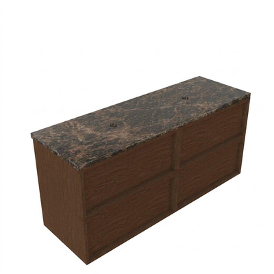 Saniclass Holz Frame Ensemble de meubles de salle de bains - 140x45x63cm - Plan de travail en pierre naturelle Noche Dark Emperador - sans trou de robinet - 4 tiroirs - brillant walnut pure (bois)