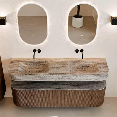 MONDIAZ THOR-DLUX 160cm badmeubel ronding links + rechts kleur Walnut met 1 lade en 2 deuren. Vrijhangende wastafel CLOUD Dubbel zonder kraangat kleur Oza.