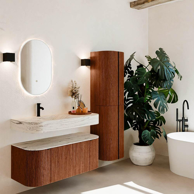 MONDIAZ THOR-DLUX Meuble de salle de bains 110cm arrondi gauche + droite couleur Ruby avec 1 tiroir et 2 portes. Vasque suspendue CLOUD Gauche 1 trou de robinet couleur Nata.