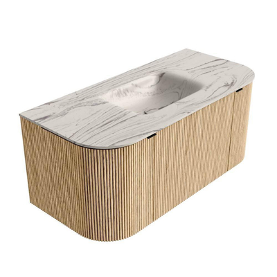 MONDIAZ KURVE-DLUX Meuble de salle de bains 100cm arrondi Gauche + Droite couleur Chêne avec 1 tiroir et 2 portes. Lavabo GRUNNE Central sans trou de robinet Nata.