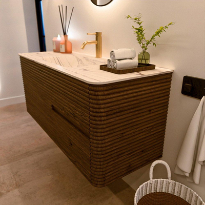 Mondiaz CIRO-DLUX Meuble de salle de bains - 120x45x50cm - Vasque solid surface Nata - 1 lavabo au milieu - 1 trou de robinet - 2 tiroirs - Dusk