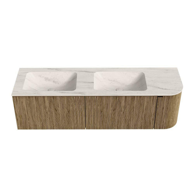 MONDIAZ KURVE-DLUX Meuble de salle de bains 155cm arrondi à droite couleur Dusk avec 2 tiroirs et 1 porte. Lavabo LEAF Double / Gauche 2 trous de robinet Meli.