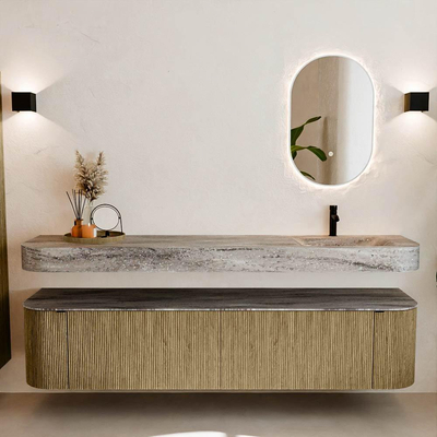 MONDIAZ THOR-DLUX 200cm badmeubel ronding links + rechts kleur Dusk met 2 lades en 2 deuren. Vrijhangende wastafel CLOUD Rechts 1 kraangat kleur Oza.