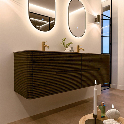 Mondiaz CIRO-DLUX Badkamermeubelset - 160x45x50cm - Solid surface wastafel Sombra - 2 wasbak Dubbel - 2 kraangaten - 4 lades - Shadow