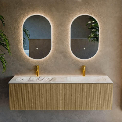 Ensemble de meuble de salle de bain Mondiaz KURVE-DLUX - 150x46x40cm - 2 tiroirs - lavabo en solid surface - double - 2 trous de robinet - Dusk