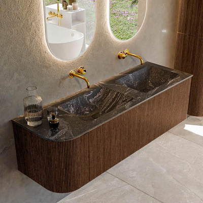 MONDIAZ KURVE-DLUX 145cm badmeubel met module 25 L kleur Walnut met 1 lade en 1 deur. Wastafel LEAF dubbel / rechts zonder kraangat kleur Lava.