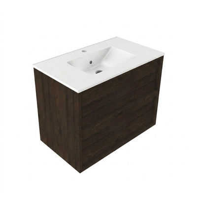 Saniclass Holz Frame Ensemble de meubles de salle de bains - 80x45x62cm - Vasque en céramique Vygo blanche - 1 vasque - 1 trou de robinetterie - 2 tiroirs - chêne charcoal mat (bois)