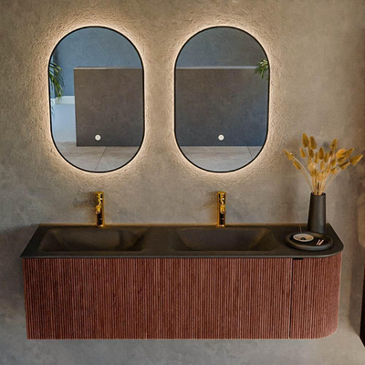 Mondiaz KURVE Ensemble de meuble - 145x46x40cm - 1 tiroir - 1 porte - lavabo en solid surface - double / gauche - 2 trous de robinet - Ruby