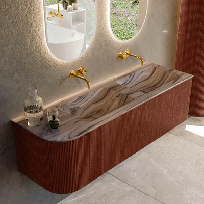 MONDIAZ KURVE-DLUX 145cm meuble de salle de bains arrondi gauche couleur Ruby avec 1 tiroir et 1 porte. Plan vasque LEAF Double / Droite sans trou de robinet Sombra.