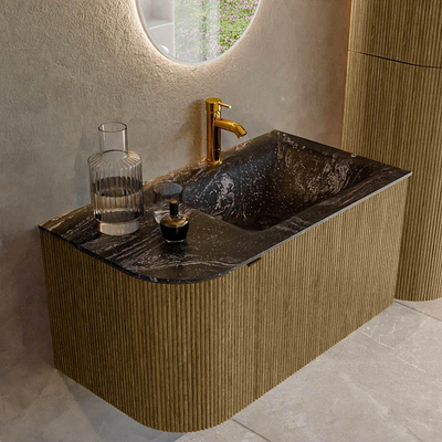 Mondiaz KURVE-DLUX Badkamermeubelset - 85x46x40cm - 1 lade - 1 deur - wastafel solid surface - rechts - 1 kraangat - Dusk