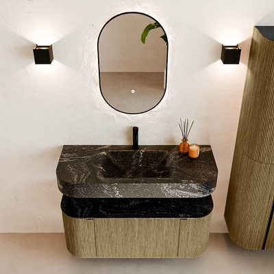 MONDIAZ THOR-DLUX Meuble de salle de bains 110cm arrondi gauche + droite couleur Dusk avec 1 tiroir et 2 portes. Vasque suspendue CLOUD Milieu 1 trou de robinet couleur Lava.