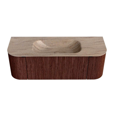 MONDIAZ KURVE-DLUX Meuble de salle de bains 130cm arrondi gauche + droite couleur Ruby avec 1 tiroir et 2 portes. Lavabo BIG SMALL central 1 trou de robinet Saba.