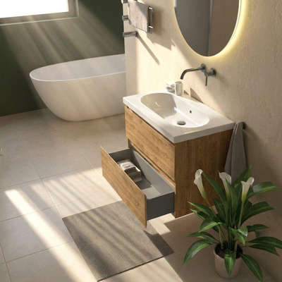 Saniclass Holz Pure Ensemble meuble de salle de bains - 80x45x63.5cm - lavabo Palermo en céramique blanc - 1 vasque - sans trou de robinetterie - 2 tiroirs - chêne naturel mat (bois)
