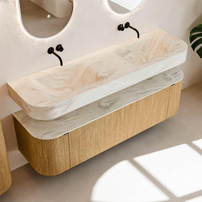 MONDIAZ THOR-DLUX 160cm meuble de salle de bains arrondi gauche + droite couleur Oak avec 1 tiroir et 2 portes. Vasque suspendue CLOUD Double sans trou de robinet couleur Ostra.