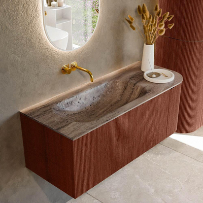 MONDIAZ KURVE-DLUX Meuble de salle de bains 115cm arrondi à droite couleur Ruby avec 1 tiroir et 1 porte. Lavabo BIG SMALL à gauche sans trou de robinet Oza.