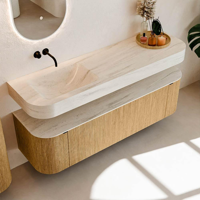 MONDIAZ THOR-DLUX 160cm meuble de salle de bains arrondi gauche + droite couleur Oak avec 1 tiroir et 2 portes. Vasque suspendue CLOUD Gauche sans trou de robinet couleur Meli.