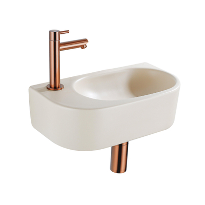 Fugaflow Efficiente Pietra Ensemble de fontaine - 40x21,5x12cm - gauche - lisse - demi-rond - 1 trou de robinet - céramique - robinet de fontaine cuivre brossé - bouchon de vidange - siphon abaissé - beige