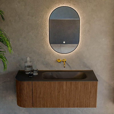 MONDIAZ KURVE 115cm Meuble salle de bain avec module 25 G - couleur Walnut - 1 tiroir - 1 porte - vasque BIG SMALL droite - sans trous de robinet - Urban