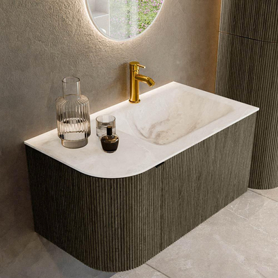 Mondiaz KURVE-DLUX Badkamermeubelset - 85x46x40cm - 1 lade - 1 deur - wastafel solid surface - rechts - 1 kraangat - Shadow
