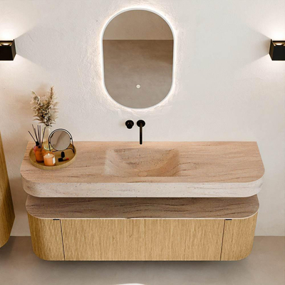 MONDIAZ THOR-DLUX 160cm badmeubel ronding links + rechts kleur Oak met 1 lade en 2 deuren. Vrijhangende wastafel CLOUD Midden zonder kraangat kleur Saba.