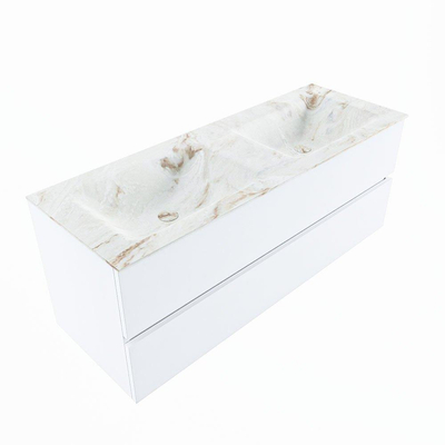 Mondiaz VICA-DLUX ensemble de meuble de salle de bain - 130cm - meuble sous-vasque talc - 2 tiroirs - lavabo encastré cloud double - sans trous de robinet - version haute de 60cm - frape