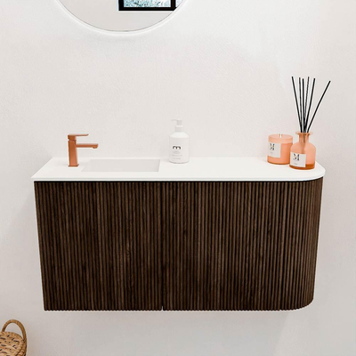 Mondiaz JOYA 81.6cm toiletmeubel - ronding rechts kleur Walnut - Wastafel FAYE positie Links 1 kraangat kleur Talc.