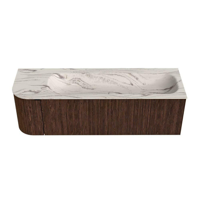 MONDIAZ KURVE-DLUX 145cm badmeubel ronding Links kleur Walnut met 1 lade en 1 deur. Wastafel BIG LARGE Rechts 1 kraangat Nata.