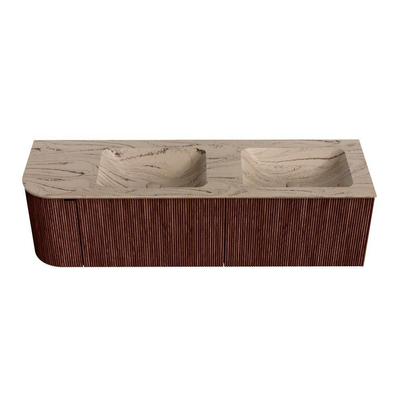 MONDIAZ KURVE-DLUX Meuble de salle de bains 155cm arrondi à gauche couleur Ruby avec 2 tiroirs et 1 porte. Lavabo LEAF Double / Droite 2 trous de robinet Arena.