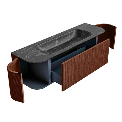 Mondiaz KURVE-DLUX Ensemble de meuble de salle de bains - 150x46x40cm - 1 tiroir - 2 portes - lavabo solid surface - au milieu - 1 trou de robinet - Ruby