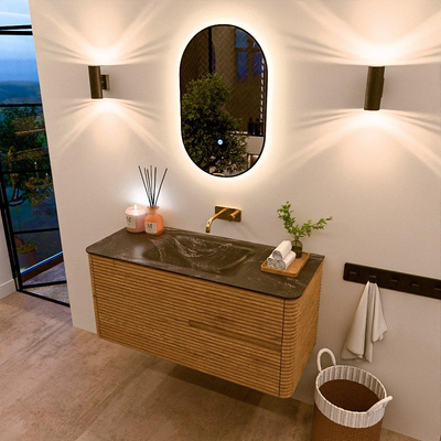 Mondiaz CIRO-DLUX Ensemble de meubles de salle de bains - 110x45x50cm - lavabo solid surface Lava - 1 vasque au milieu - sans trous de robinet - 2 tiroirs - Chêne