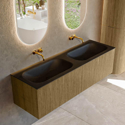 Mondiaz KURVE Badkamermeubelset - 150x46x40cm - 2 lade - wastafel solid surface - dubbel - zonder kraangat - Dusk