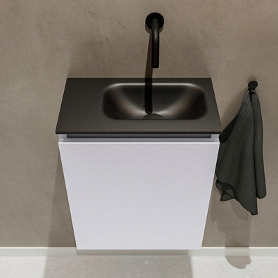 MONDIAZ TURE Toiletmeubel 40x23x50cm met 0 kraangaten 1 deuren cale mat Wastafel Eden rechts Solid Surface Zwart