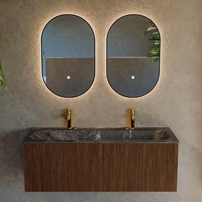 MONDIAZ KURVE-DLUX 120cm badmeubel kleur Walnut met 1 lade. Wastafel BIG LARGE midden 2 kraangaten kleur Lava.