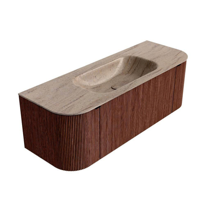 MONDIAZ KURVE-DLUX meuble de salle de bains 130cm arrondi gauche + droite couleur Ruby avec 1 tiroir et 2 portes. Lavabo BIG SMALL central sans trou de robinet Saba.