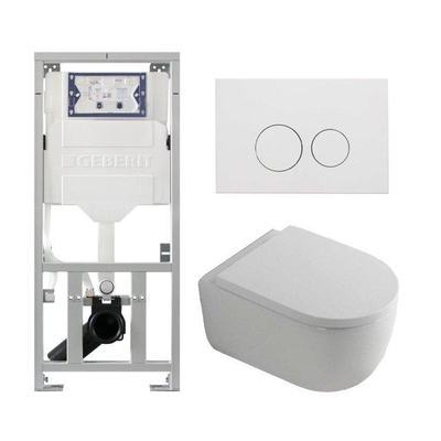 QeramiQ Dely Swirl Toiletset - 36.3x51.7cm - Geberit UP320 inbouwreservoir - met Burda frame - 35mm zitting - mat witte metalen bedieningsplaat - ronde knoppen - wit glans
