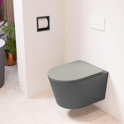 Mondiaz LAVIE hangtoilet – spoelrandloos – 36 x 53 cm – met softclose zitting – Dark grey (grijs), zitting Smoke (lichtbruin)
