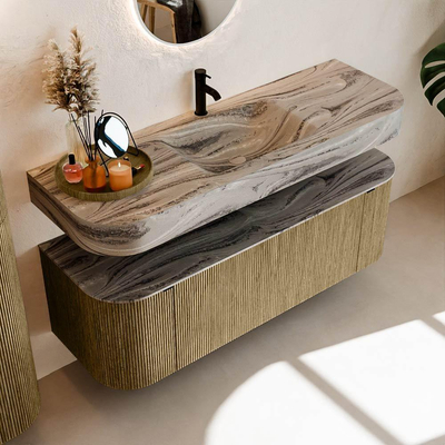 MONDIAZ THOR-DLUX 140cm meuble de salle de bains arrondi gauche + droite couleur Dusk avec 1 tiroir et 2 portes. Vasque suspendue CLOUD Milieu 1 trou de robinet couleur Sombra.