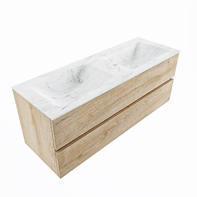 MONDIAZ VICA-DLUX Ensemble meuble de salle de bains - 130cm - meuble sous-vasque chêne blanchi - 2 tiroirs - lavabo encastré cloud double - 2 trous de robinet - version haute 60cm - opalo