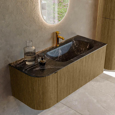 Mondiaz KURVE-DLUX Ensemble de meuble salle de bain - 115x46x40cm - 1 tiroir - 1 porte - lavabo en solid surface - droite - 1 trou de robinet - Dusk