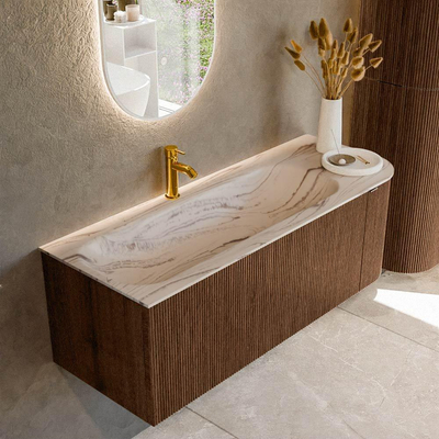 MONDIAZ KURVE-DLUX Meuble de salle de bains 125cm arrondi à droite couleur Walnut avec 1 tiroir et 1 porte. Lavabo BIG MEDIUM gauche 1 trou de robinet Nata.