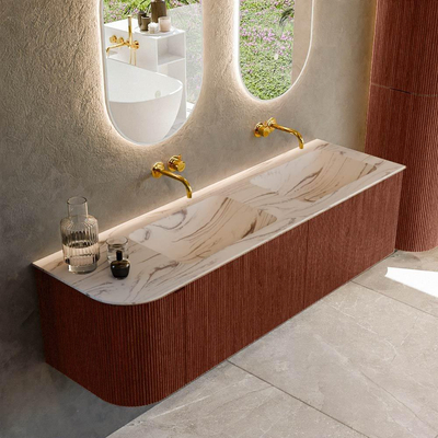 MONDIAZ KURVE-DLUX Meuble de salle de bains 155cm arrondi à gauche couleur Ruby avec 2 tiroirs et 1 porte. Lavabo LEAF Double / Droite sans trou de robinet Nata.