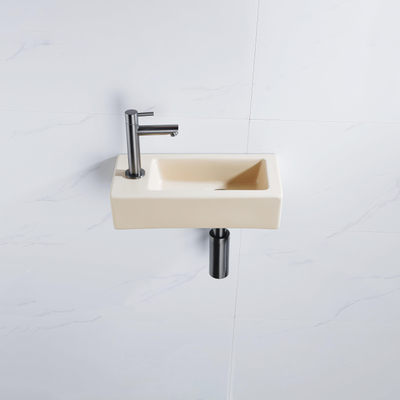 QeramiQ Fuente Fonteinset - 37.5x18.5x9cm - keramiek - kraangat links - fonteinkraan gunmetal - afvoerplug - verlaagd sifon - Mat Beige
