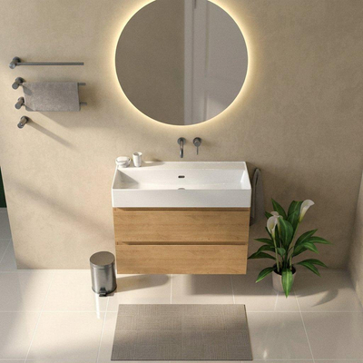 Saniclass Holz Pure Ensemble de meubles de salle de bains - 100x45x72cm - lavabo Legend en céramique blanc - 1 vasque - sans trou de robinetterie - 2 tiroirs - chêne naturel mat (bois)