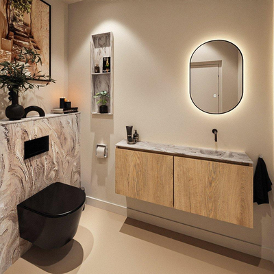 MONDIAZ TURE-DLUX Meuble WC 120 cm Washed Oak. Lavabo EDEN Glace position à droite. Sans trou de robinet.