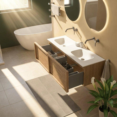 Saniclass Holz Frame Ensemble meuble de salle de bains - 140x45x41.5cm - lavabo Flow en solid surface blanc - 2 vasques - sans trous de robinetterie - 2 tiroirs - chêne naturel mat (bois)