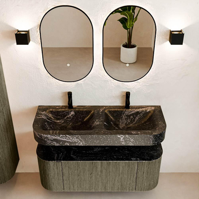 MONDIAZ THOR-DLUX 120cm meuble de salle de bains arrondi gauche + droite couleur Shadow avec 1 tiroir et 2 portes. Vasque suspendue CLOUD Double 2 trous de robinet couleur Lava.