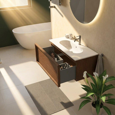 Saniclass Holz Frame Ensemble de meubles de salle de bains - 100x45x53.9cm - Lavabo Chaci en céramique blanc - 1 vasque - 1 trou de robinet - 1 tiroir - walnut pure mat (bois)